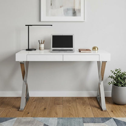 47" White and Silver Writing Desk With Two Drawers