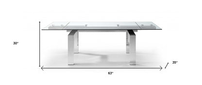 63" Clear and Silver Glass and Stainless Steel Self-Storing Leaf Dining Table