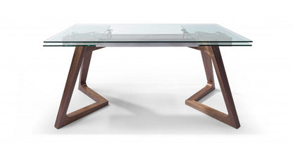 63" Clear and Brown Glass and Solid Wood Self-Storing Leaf Dining Table