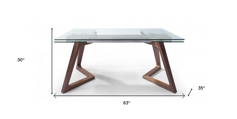 63" Clear and Brown Glass and Solid Wood Self-Storing Leaf Dining Table