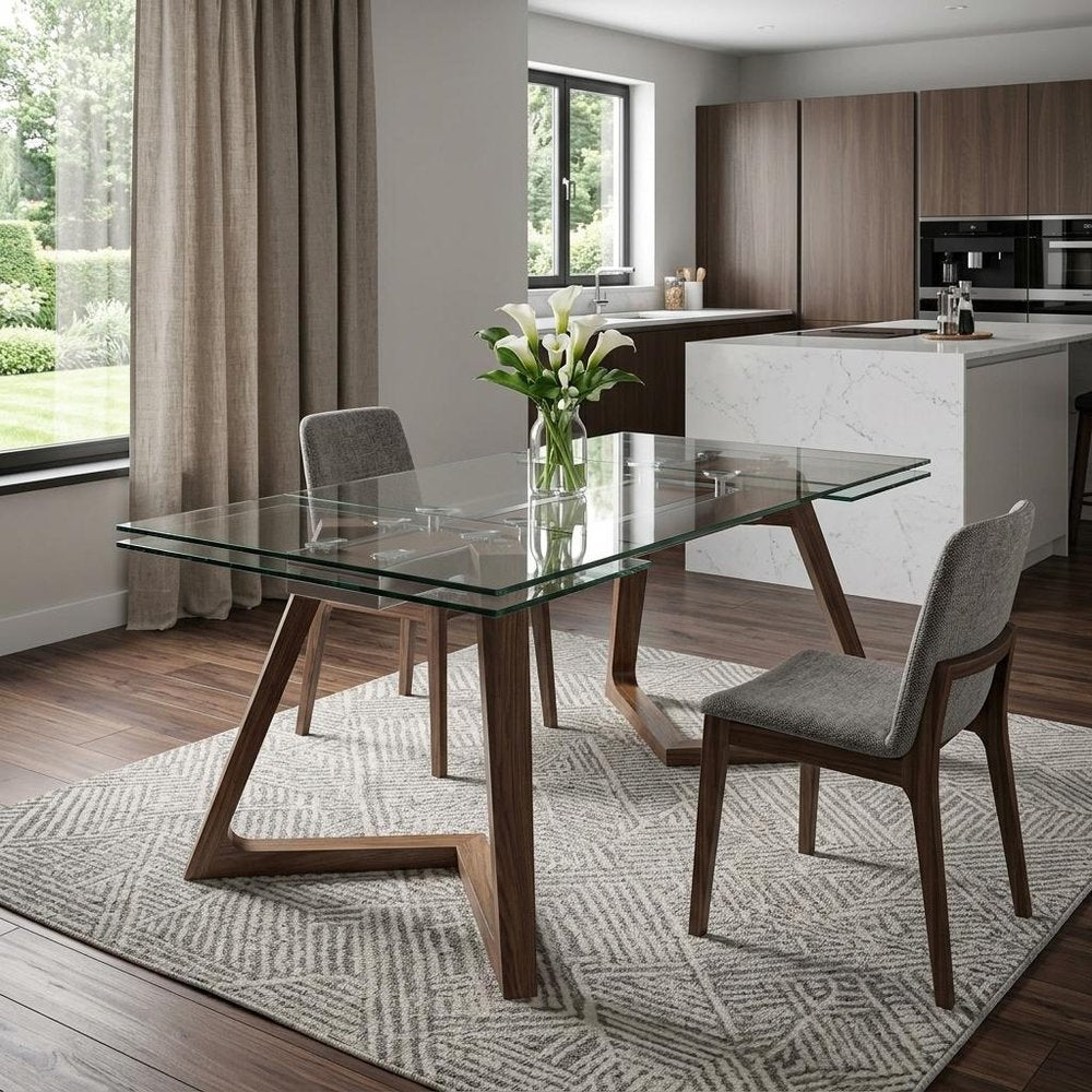 63" Clear and Brown Glass and Solid Wood Self-Storing Leaf Dining Table