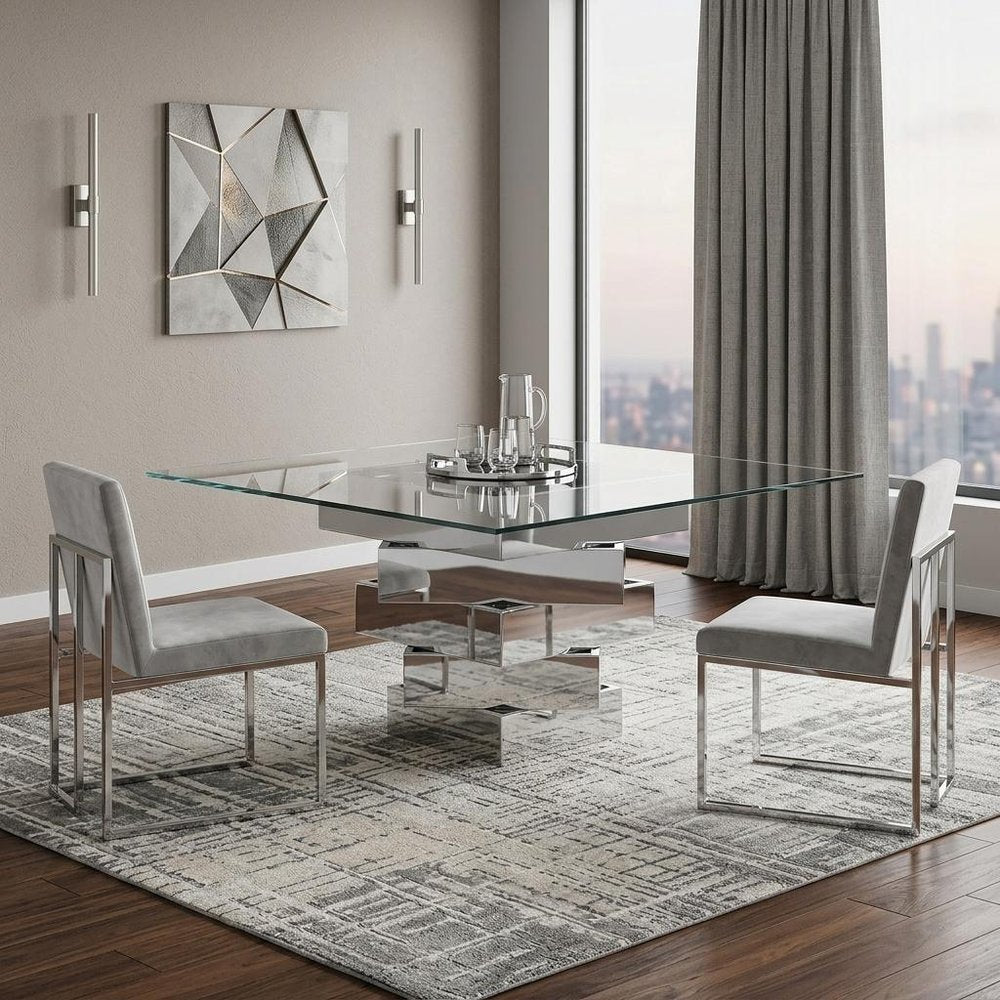 59" Clear And Gray Square Glass And Solid Wood Pedestal Base Dining Table