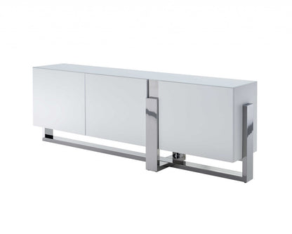 91" White Glass and Stainless Steel Frame Console Table