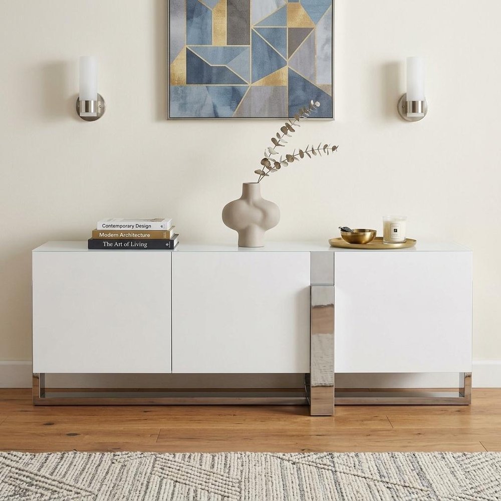 91" White Glass and Stainless Steel Frame Console Table