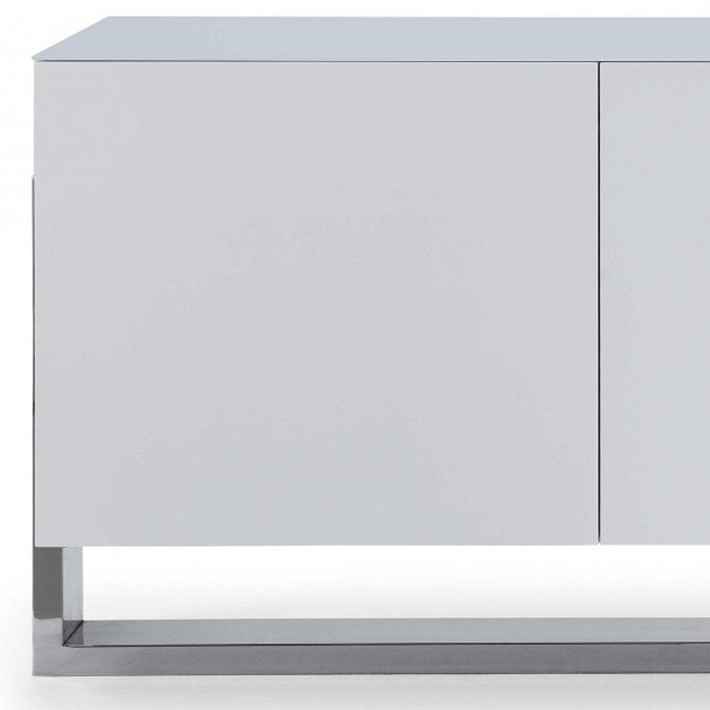 91" White Glass and Stainless Steel Frame Console Table