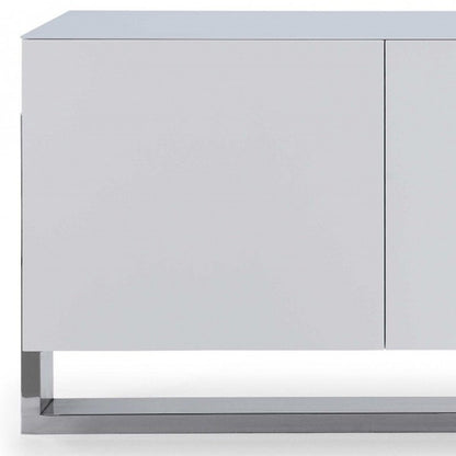91" White Glass and Stainless Steel Frame Console Table