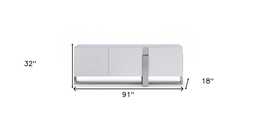 91" White Glass and Stainless Steel Frame Console Table