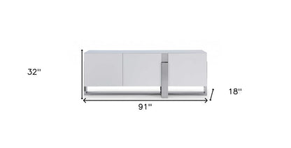 91" White Glass and Stainless Steel Frame Console Table