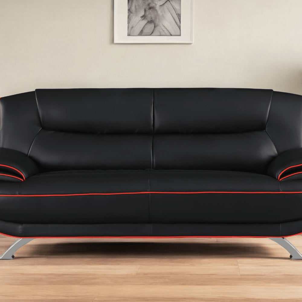 80" Black Leather Sofa With Silver Legs