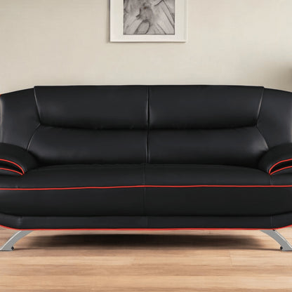 80" Black Leather Sofa With Silver Legs
