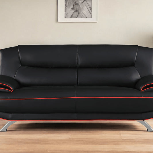 80" Black Leather Sofa With Silver Legs