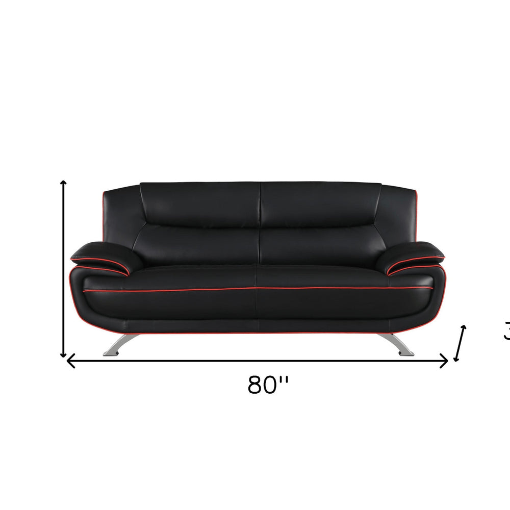 80" Black Leather Sofa With Silver Legs