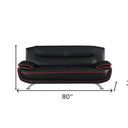 80" Black Leather Sofa With Silver Legs