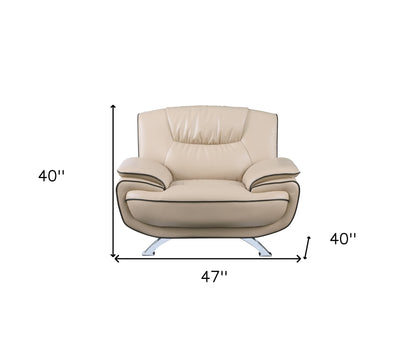 47" Beige And Silver Leather Match Arm Chair