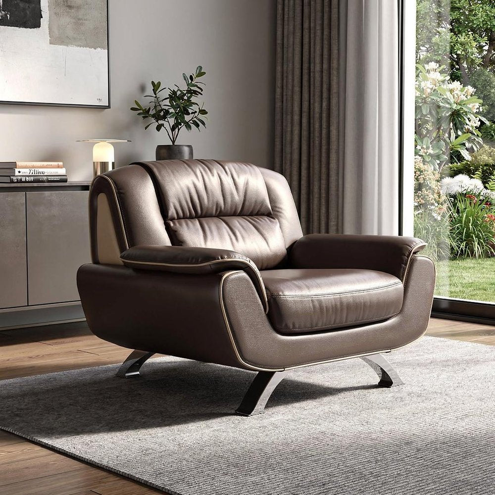 47" Brown And Silver Leather Match Club Chair