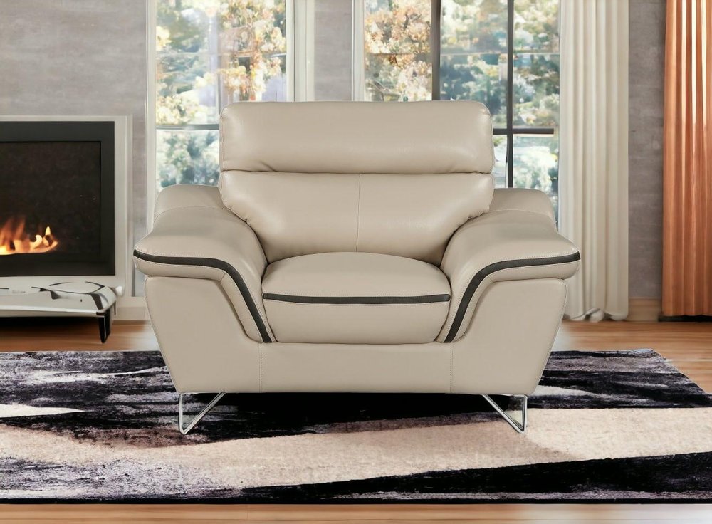 49" Beige And Silver Leather Match Convertible Chair