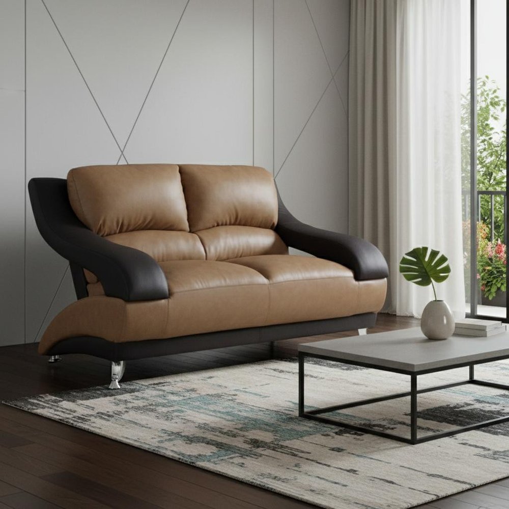 62" Brown and Black And Silver Faux Leather Loveseat