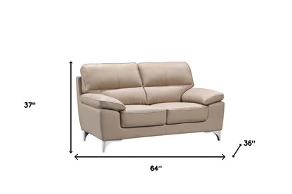 64" Beige And Silver Faux Leather Loveseat