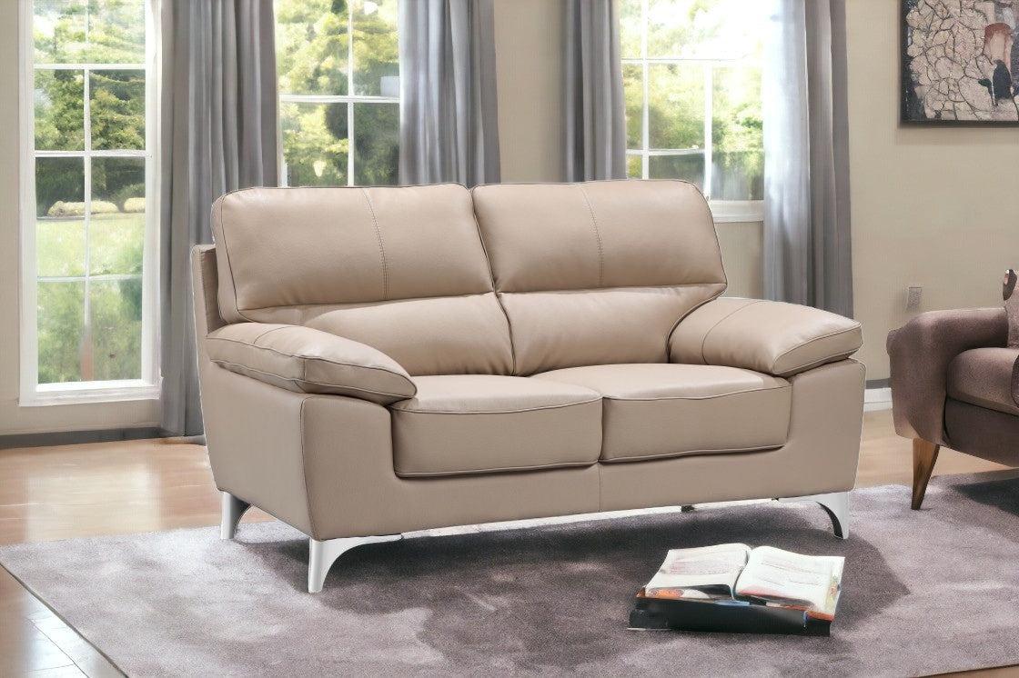 64" Beige And Silver Faux Leather Loveseat