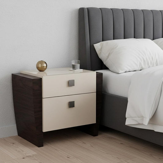 22" Beige and Dark Brown Two Drawer Wood Mirrored Nightstand With Storage