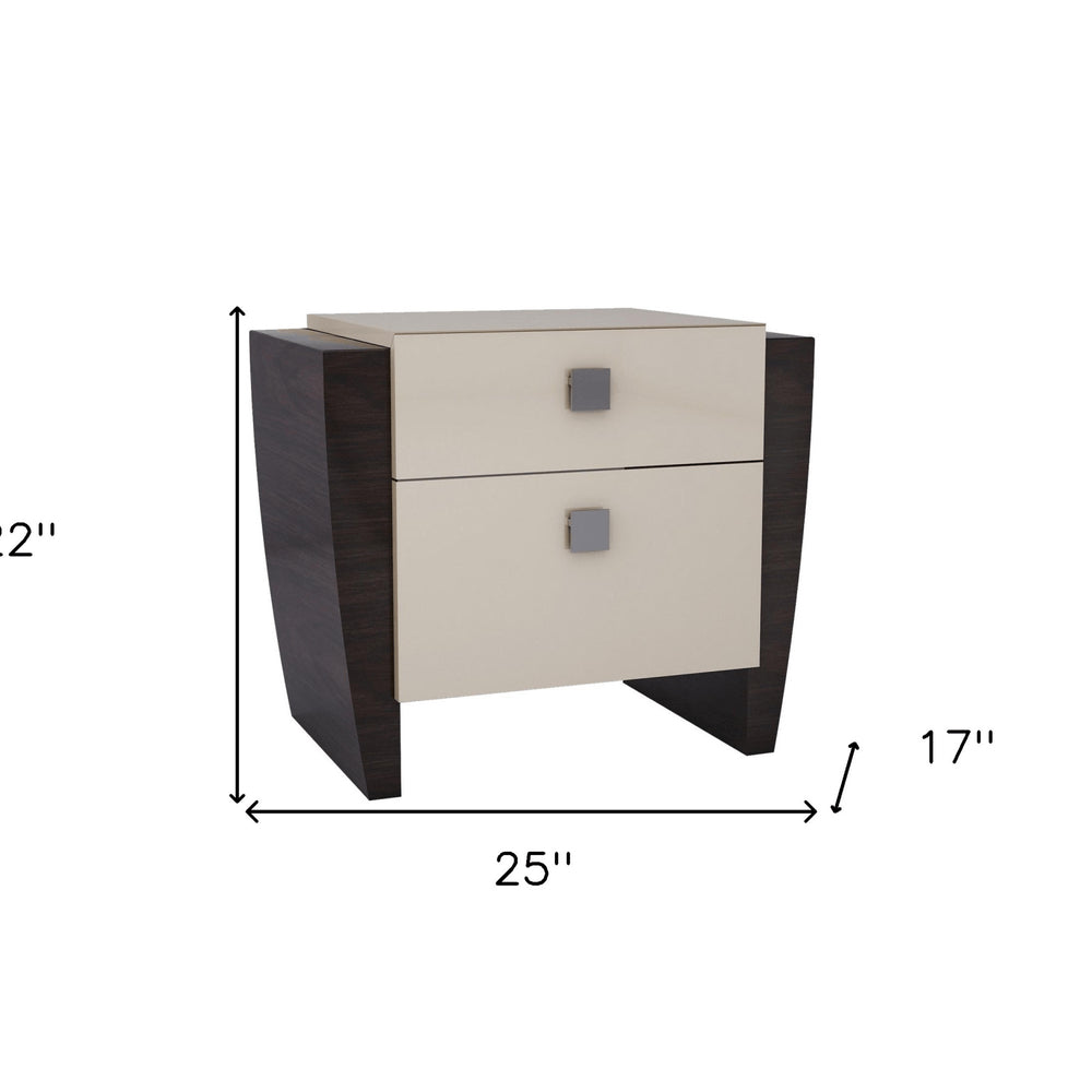 22" Beige and Dark Brown Two Drawer Wood Mirrored Nightstand With Storage