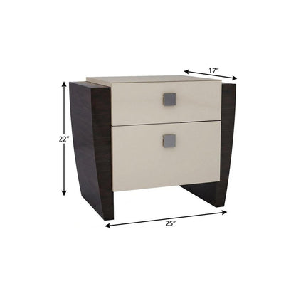 22" Beige and Dark Brown Two Drawer Wood Mirrored Nightstand With Storage