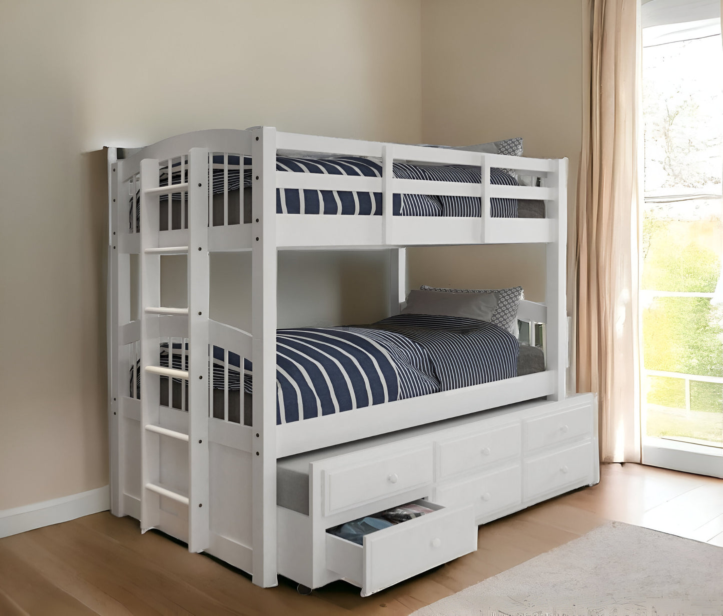 80" X 42" X 70" White Twin Bunk Bed  Trundle With 3 Drawers