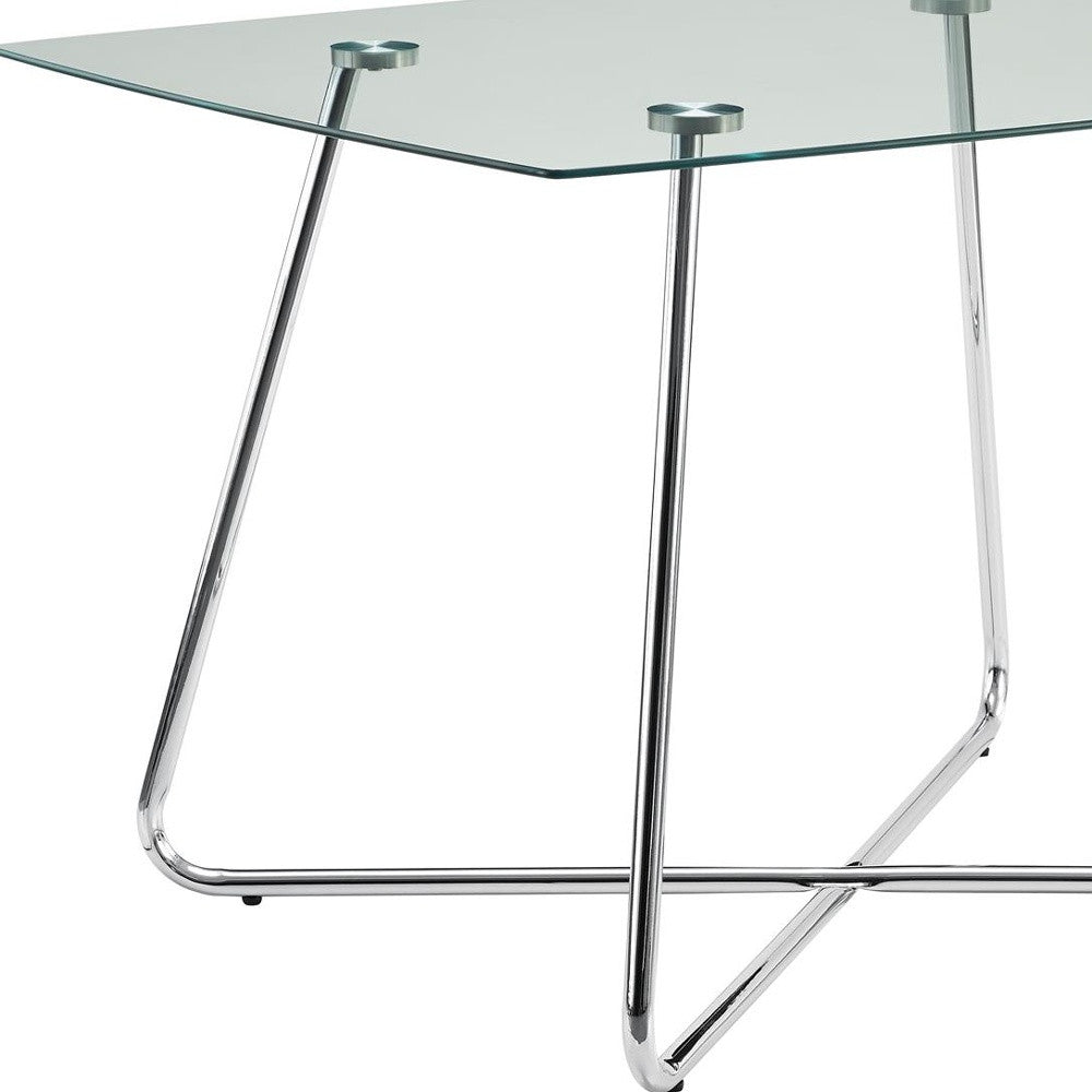 40" Clear And Silver Glass And Metal Pedestal Base Dining Table