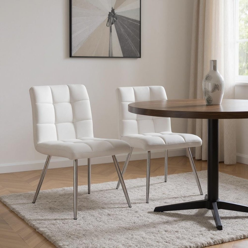 Set of Two Tufted White And Silver Upholstered Faux Leather Dining Side Chairs