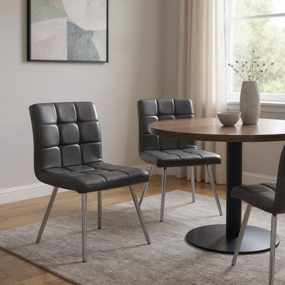 Set of Two Tufted White And Silver Upholstered Faux Leather Dining Side Chairs