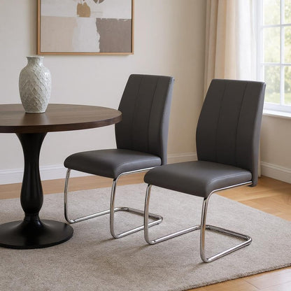 Set of Two Gray And Silver Upholstered Faux Leather Dining Side Chairs