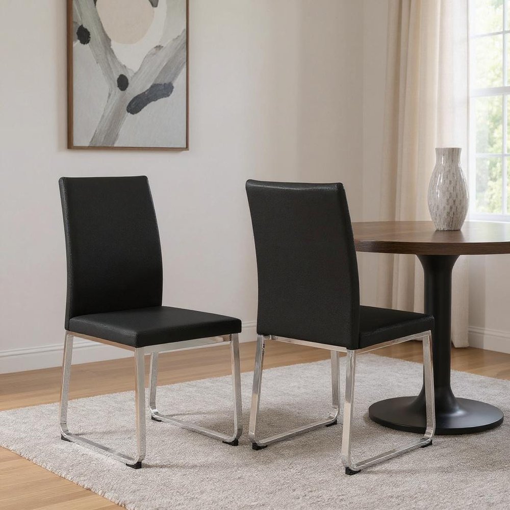 Set of Two Gray And Silver Upholstered Faux Leather Dining Side Chairs
