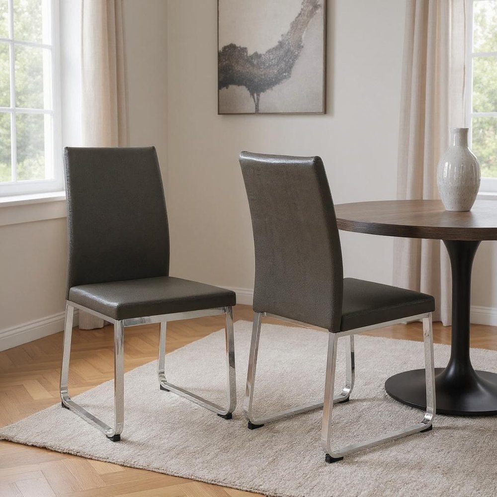 Set of Two Gray And Silver Upholstered Faux Leather Dining Side Chairs