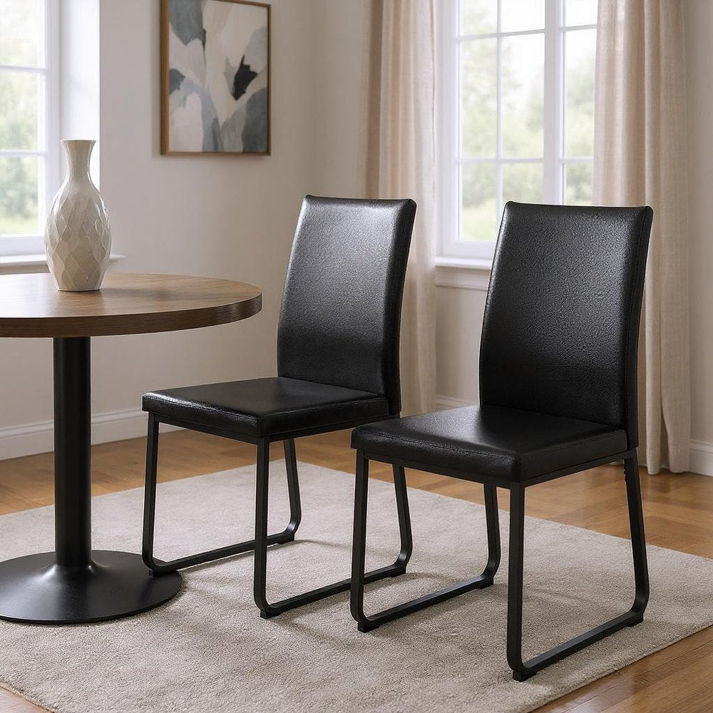 Set of Two Black Upholstered Faux Leather Dining Side Chairs