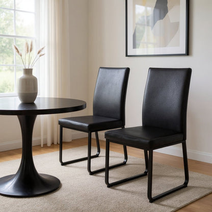 Set of Two Black Upholstered Faux Leather Dining Side Chairs
