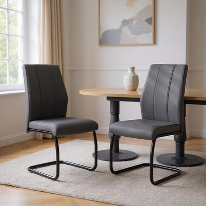 Set of Two Black Upholstered Faux Leather Dining Side Chairs