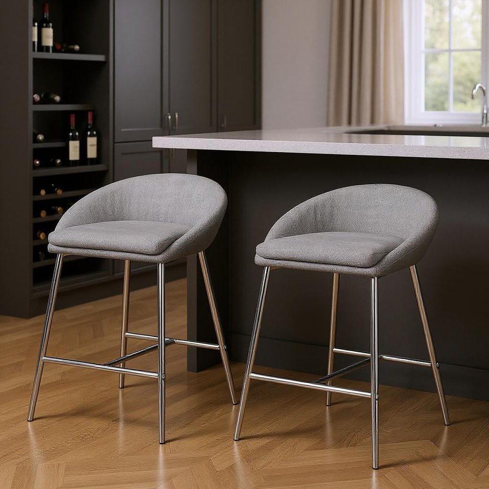 Set of Two 24" Gray and Silver Metal Low Back Bar Chairs