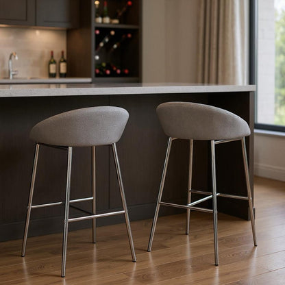 Set of Two 30" Gray And Silver Fabric And Metal Low Back Bar Chairs