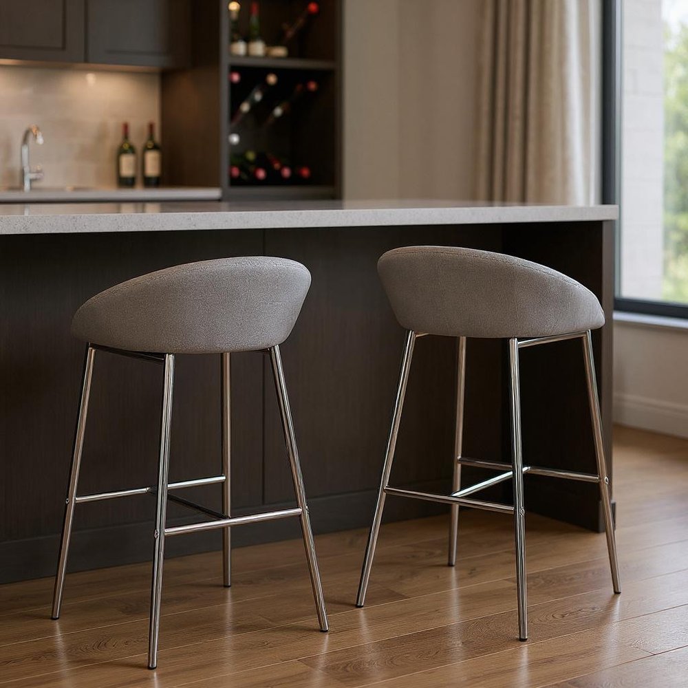 Set of Two 30" Gray And Silver Fabric And Metal Low Back Bar Chairs