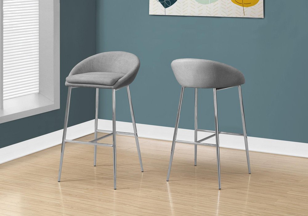 Set of Two 30" Gray and Silver Metal Low Back Bar Chairs