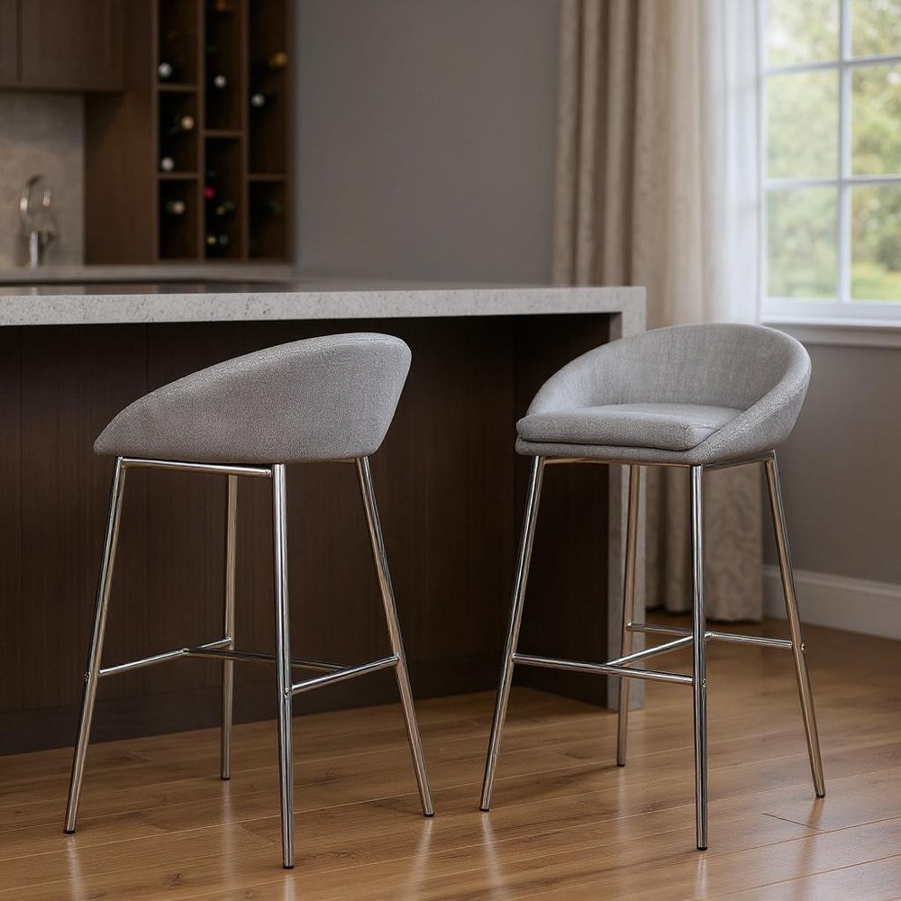 Set of Two 30" Gray And Silver Fabric And Metal Low Back Bar Chairs