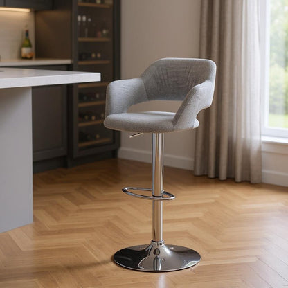 Light Gray And Silver Fabric And Metal Low Back Bar Chair