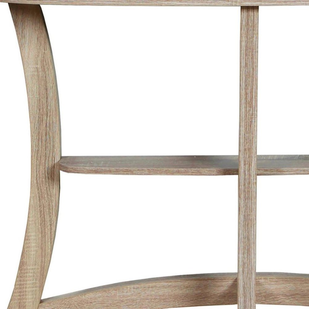47" Taupe Half Moon Three Leg Console Table With Shelves