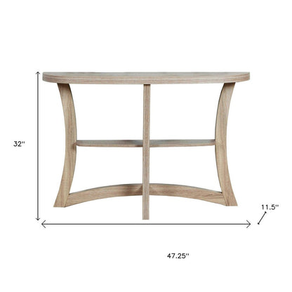 47" Taupe Half Moon Three Leg Console Table With Shelves