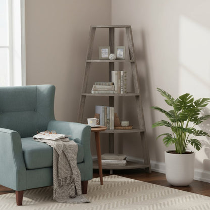 60" Taupe Wood Four Tier Corner Bookcase
