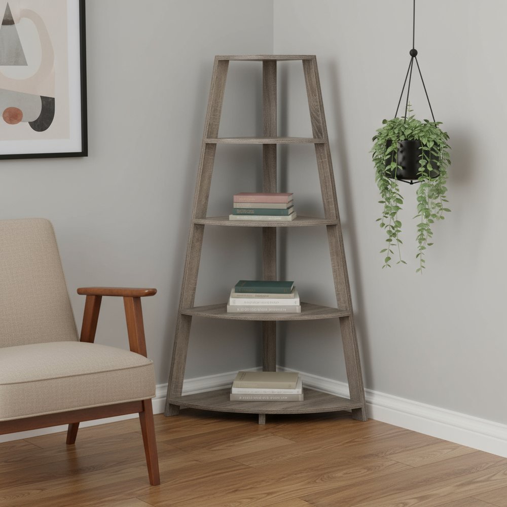 60" Taupe Wood Four Tier Corner Bookcase