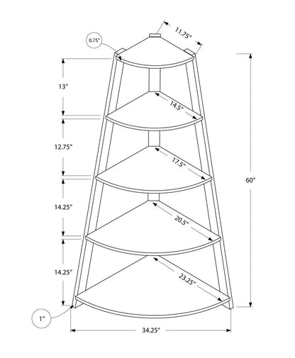 60" Taupe Wood Four Tier Corner Bookcase