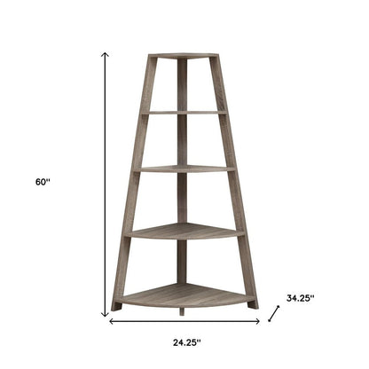 60" Taupe Wood Four Tier Corner Bookcase