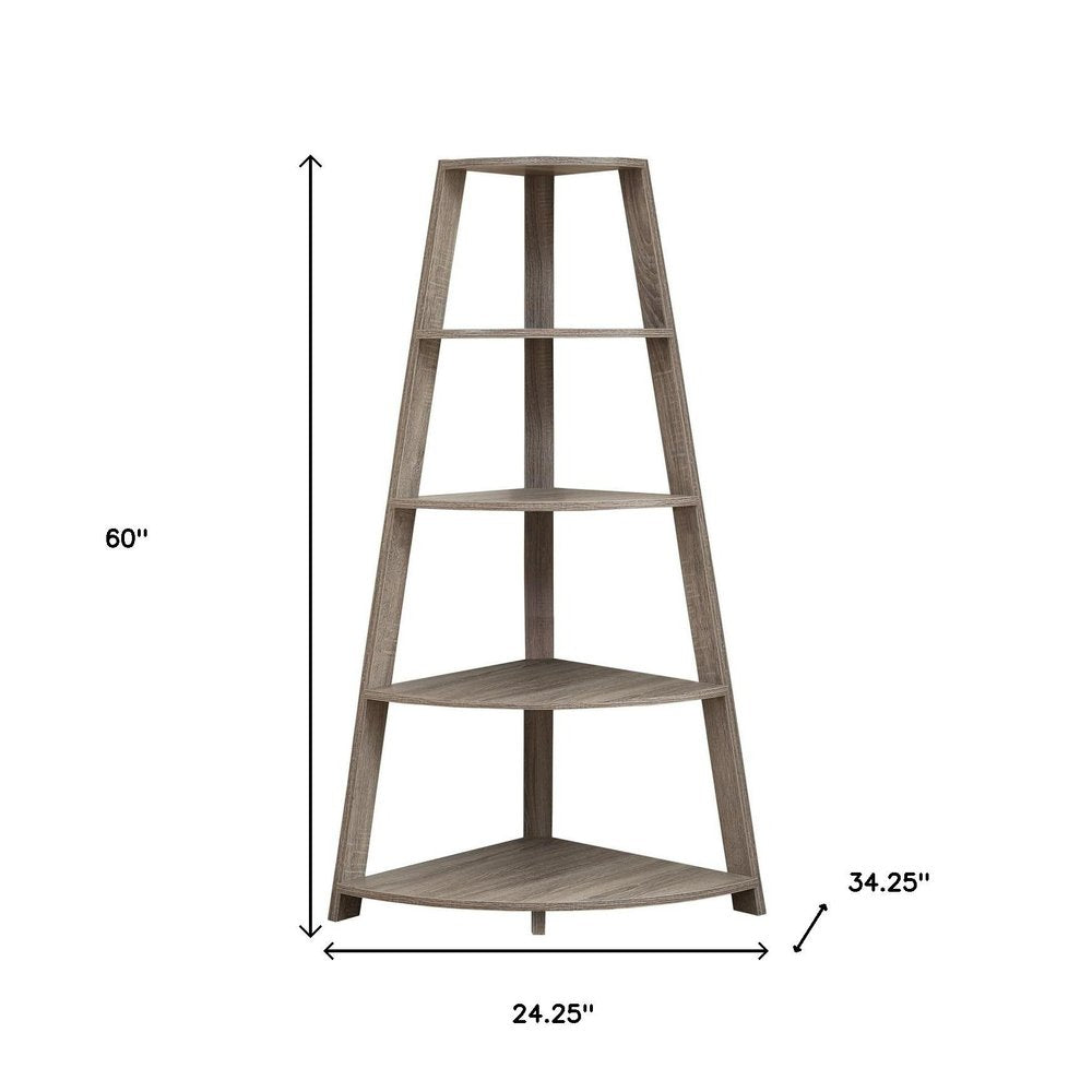 60" Taupe Wood Four Tier Corner Bookcase