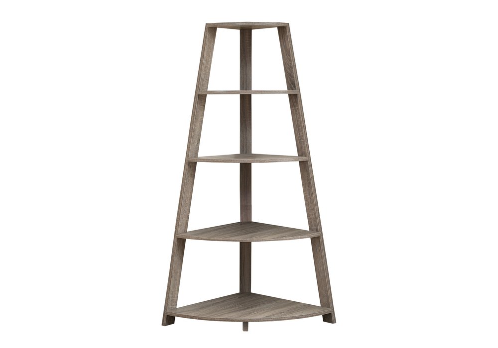 60" Taupe Wood Four Tier Corner Bookcase